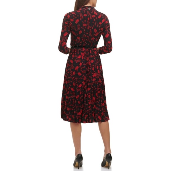 TOMMY HILFIGER Black & Red Pleated Floral Midi Dress - Picture 2 of 11